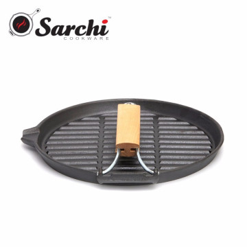 Round BBQ Cast iron grill pan with folding handle